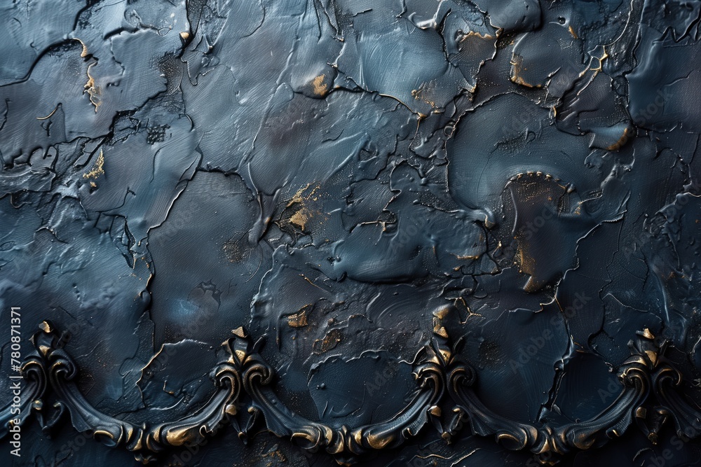 Fototapeta premium Dark luxury abstract background: raw metal surface with elegant forging and gold plating