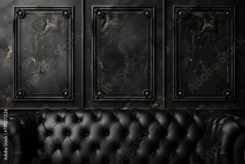 Black luxury background in a dark key: elegant black leather empty sofa on the background of three empty frames, template for design, mockup for logo photo