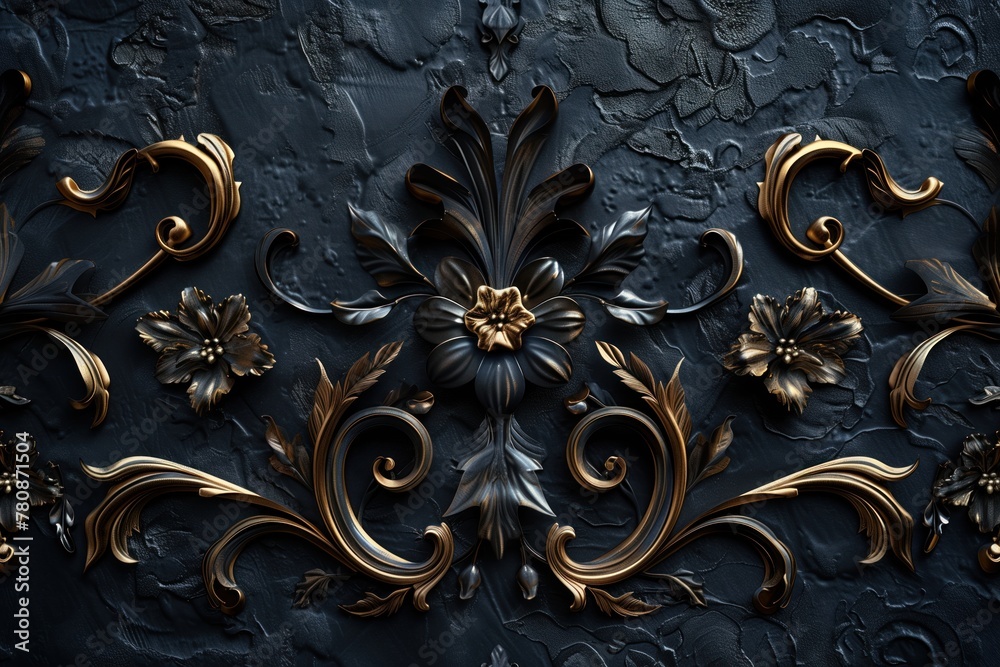 Dark luxury abstract background: Black forged elements with gold plating on a black lumpy raw base