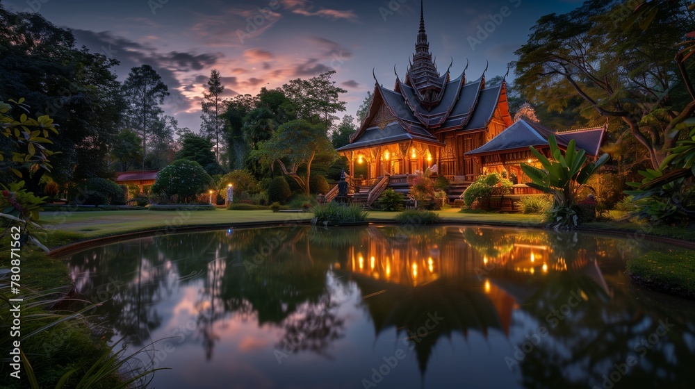 Twilight Tranquility at a Thai Temple Oasis: As twilight descends, the ambient lighting casts a mystical glow on a secluded Thai temple Twilight Tranquility at a Thai Temple Oasis: As twilight descends, the ambient lighting casts a mystical glow on a secluded Thai temple