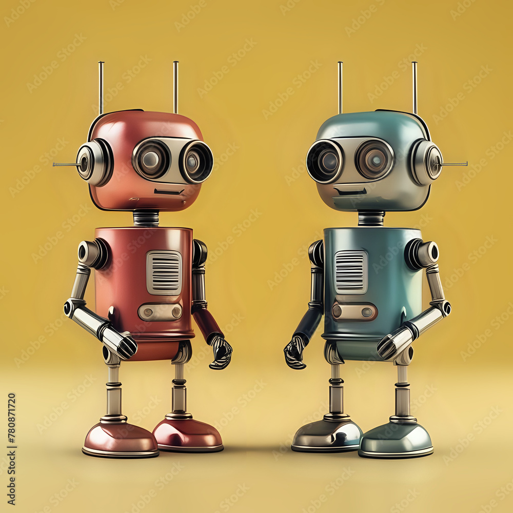 Retro Two Robots. 3D Render - generated by ai Retro Two Robots. 3D Render - generated by ai