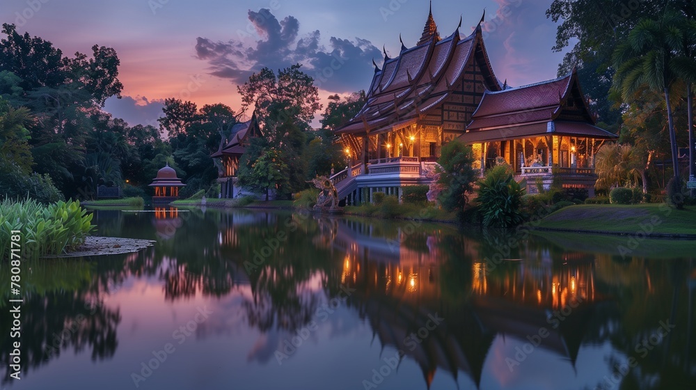 Twilight Tranquility at a Thai Temple Oasis: As twilight descends, the ambient lighting casts a mystical glow on a secluded Thai temple