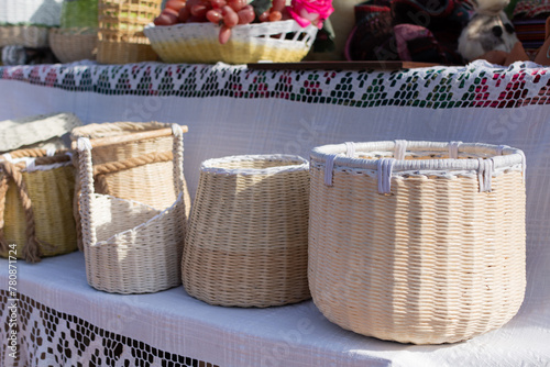 Storage baskets. Baskets wicker from corn leaves. Folk art of the Balkans, Eastern Europe.