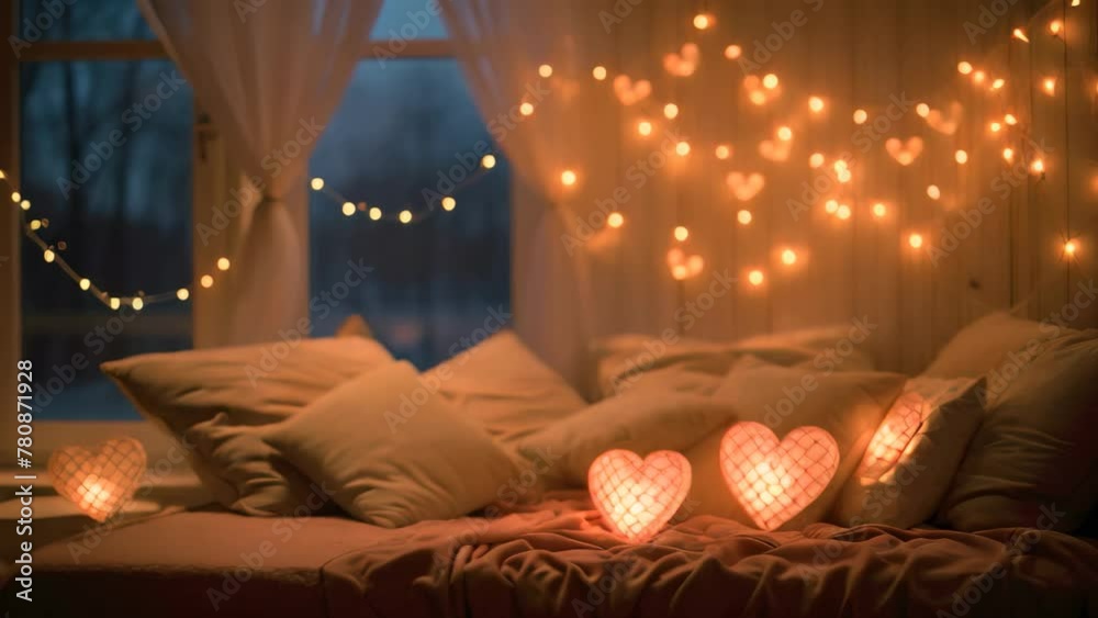 A bed adorned with an abundance of pillows, each one illuminated by a string of lights, Heart-shaped lights illuminating a cosy room, AI Generated