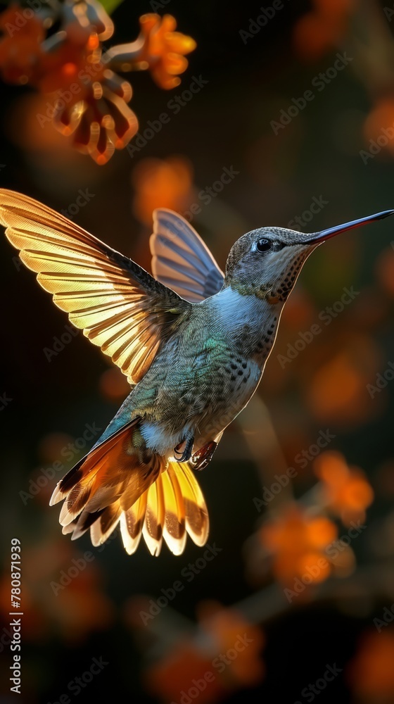 Fototapeta premium High-contrast portrait of a hummingbird in mid-flight, generated with AI