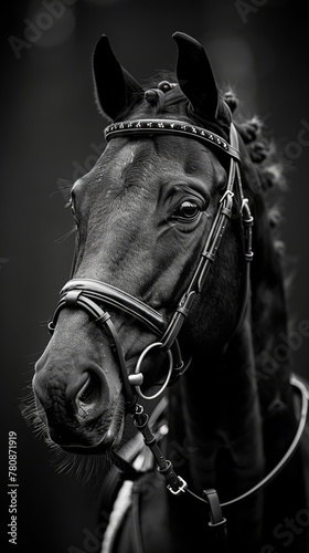 Black and white portrait of a horse in equestrian gear, generated with AI