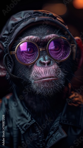 Black and white, high-contrast portrait of a monkey as an astronaut from the ISS Space Station, bright purple reflections, ultra-realistic, chiaroscuro, generated with AI