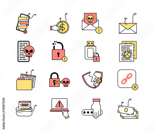 Hacking Sign Color Thin Line Icon Set Cyber Crime Concept Include of Malware and Phishing. Vector illustration of Icons