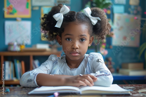 African American girl with white bows in her hair at a table in a classroom. School education of children photo