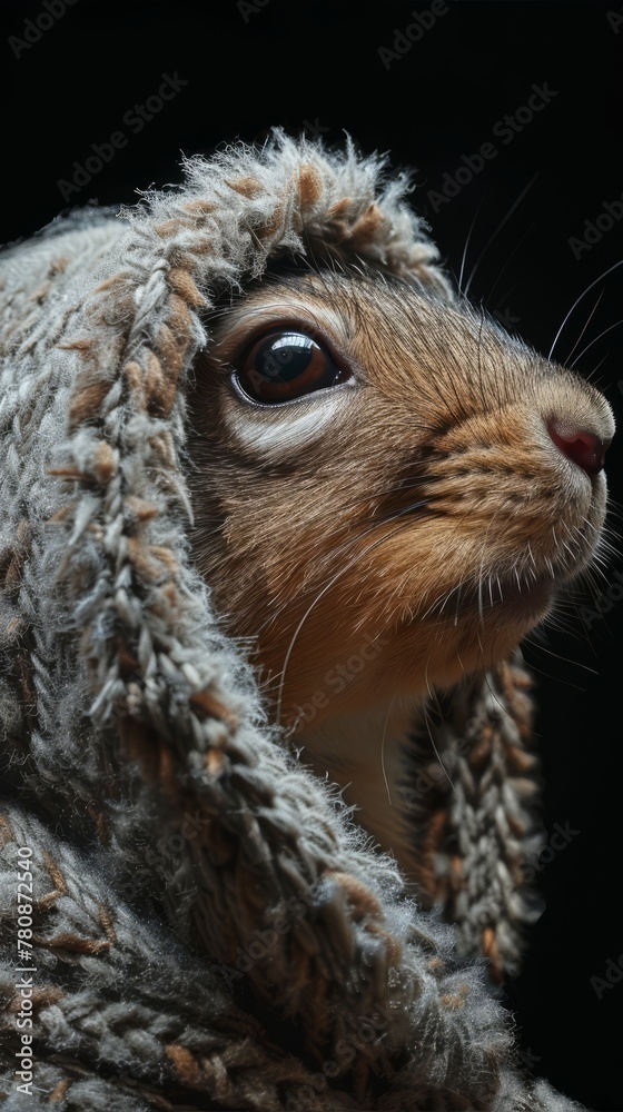 Obraz premium Black and white, high-contrast portrait of a squirrel as Ewok, with the hood's shade of brown blending with the natural environment, generated with AI