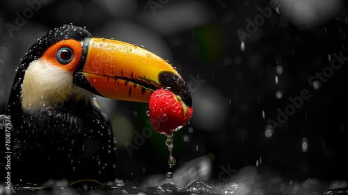 Black and white, high-contrast portrait of a toucan as a tropical mixologist, with the bright colors of fruit garnishes in its beak, concocting exotic drinks, generated with AI