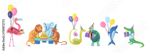 Cartoon Color Characters Funny Animals Birthday Party Concept Flat Design Style for Greeting Card or Invitation. Vector illustration © bigmouse108