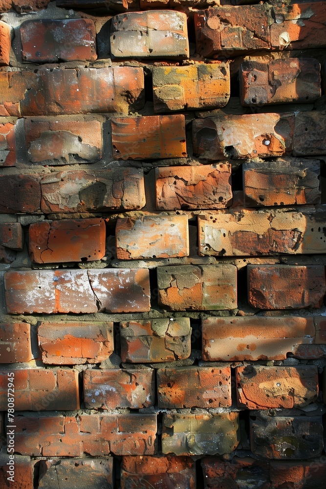 This image captures the rustic charm of an old, weathered brick wall bathed in warm sunlight