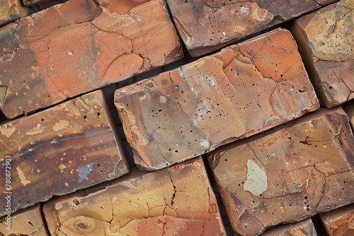 This image captures the various hues and textures of a well-arranged multicolored bricks surface, with vivid details