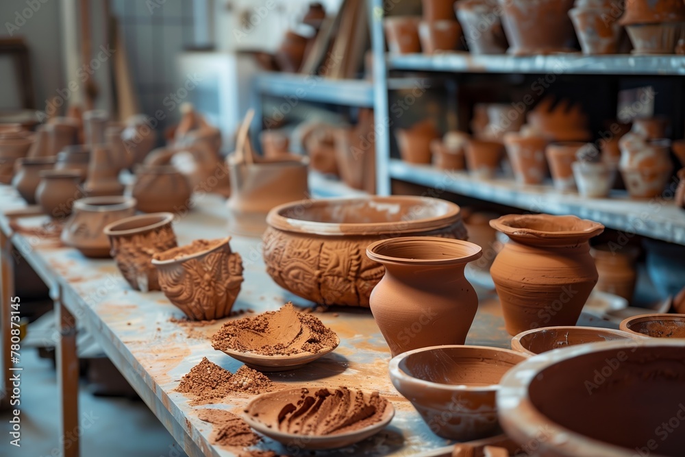 An array of unfinished pottery pieces, showcasing the artistic process within a workshop environment