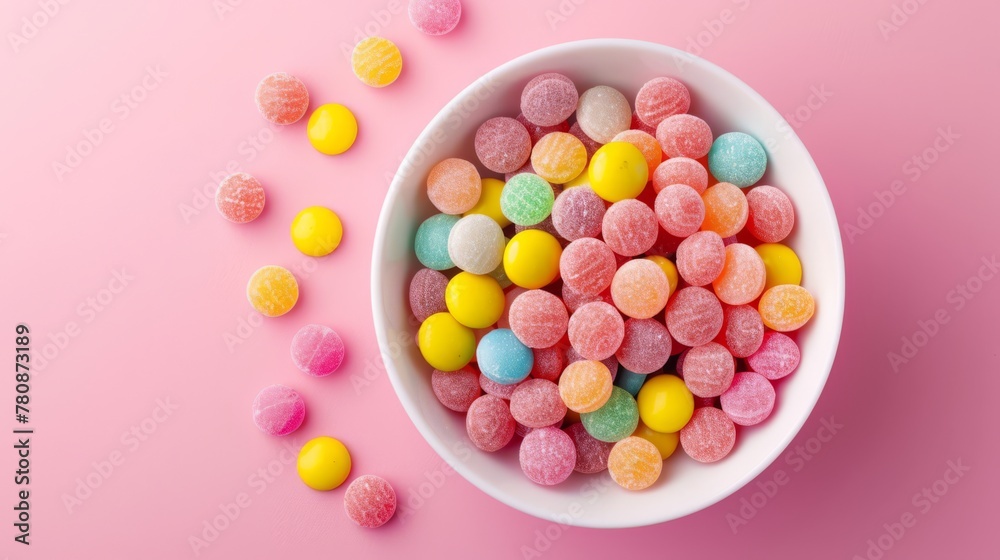 Bowl of different candies on gradient background primary color: pink, secondary color: white. candiea are not only in bowl but and ariund, generated with AI Bowl of different candies on gradient background primary color: pink, secondary color: white. candiea are not only in bowl but and ariund, generated with AI