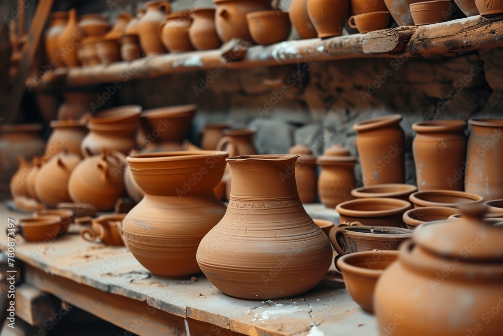 A neat arrangement of in-progress pottery pieces lined up on shelves, ready for the next steps in creation A neat arrangement of in-progress pottery pieces lined up on shelves, ready for the next steps in creation