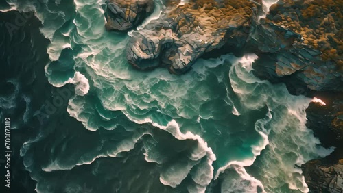 This photo captures the dynamic interaction between the ocean waves and rugged rocks from an aerial perspective, Aerial shot of a radiant sea hugging a jagged coastline, AI Generated