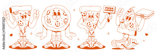 A set of cool pizza characters in sneakers and various poses in a monochrome palette. Trendy retro groovy style. Maskots for bar, restaurant, cafe.