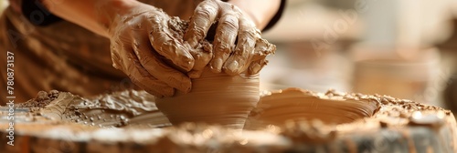 Skilled hands of an artisan expertly shape the malleable clay on a traditional potter's wheel photo