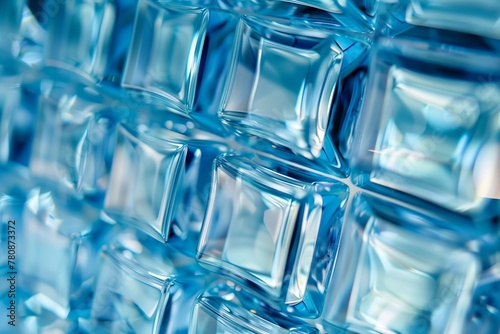 A high-resolution close-up of a blue glass structure with a pattern of cube reflections and textures