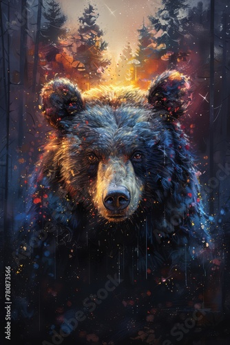 Bear in the forest artwork in oil painting style with vibrant colors, resembling a splash art, generated with AI