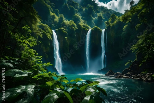 Immerse yourself in the beauty of nature with this breathtaking 8K image capturing the grandeur of a majestic waterfall surrounded by dense foliage. Every drop of water is rendered with remarkable 