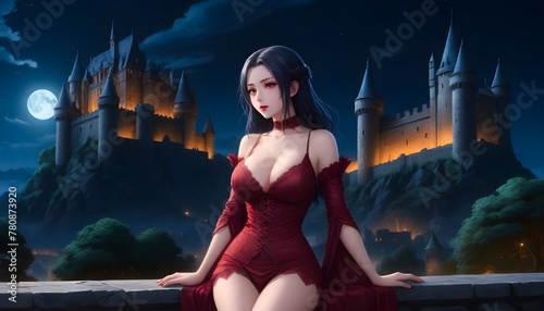 anime vampire woman in red dress with catle in the back photo