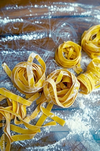 Fresh tagliatelle, fresh papardelle, fresh spaghetti, fresh pasta sheets, on a dusted countertop, top view shot generated with AI