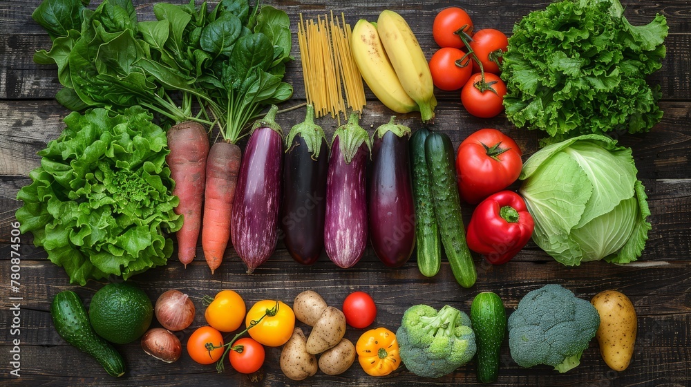 A variety of fruits and vegetables are displayed on a wooden board, featuring carrots, lettuce, tomatoes, cucumbers, and broccoli A variety of fruits and vegetables are displayed on a wooden board, featuring carrots, lettuce, tomatoes, cucumbers, and broccoli