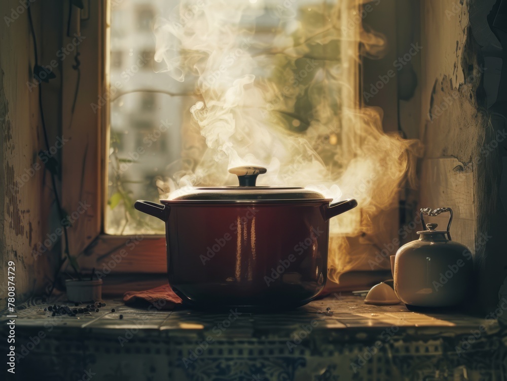 Indie film poster featuring a vibrant red pot steam, generated with AI Indie film poster featuring a vibrant red pot steam, generated with AI