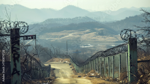 Barbed wire border divides Korea with North Korea in the Demilitarized Zone. Generative AI. photo