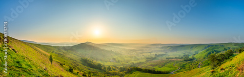 The Great Ridge panorama at sunrise on Mam Tor hill. Peak District. United Kingdom