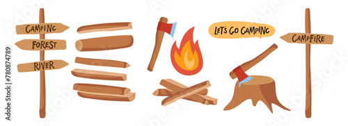 Firewood for fire in forest hike. Pointer arrow, Firewood piles, stacked bonfire firewoods vector set. Fire with chopped wood. Sticks ore firewood burn. Hand drawn cartoon illustration isolated