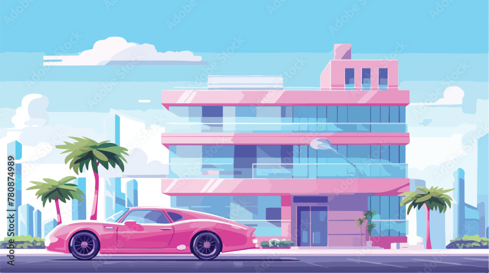 A pink car parking in front of a building 2d flat c