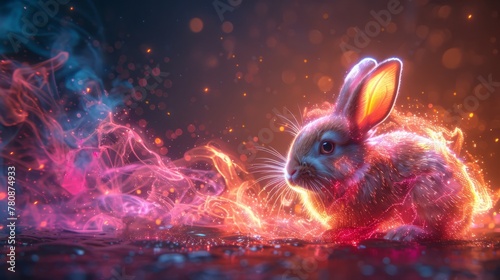 Neon, bunny, beautiful, amazing, wow, gorgeous, ears, cool, tron, sci-fi, scifi, particle physics, time travel, Close up profile, gorgeous, large radiant eyes, rainbow colored fur,, generated with AI