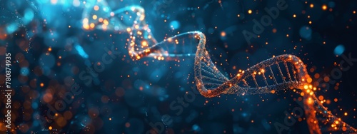 3D render of a double helix DNA structure floating in space, glowing and sparkling with energy. Dark blue background creates an atmosphere of mystery and science fiction. #780874935