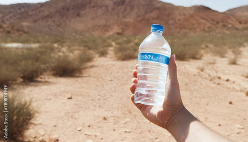 hand holding plastic bottle of water in the desert