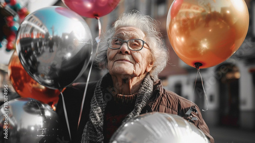 An elderly woman with glasses holds balloons on the street and rejoices photo