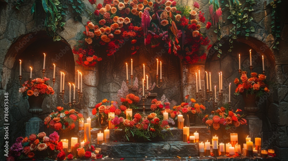   Flowers and candles adorn a stone wall with an arched centerpiece