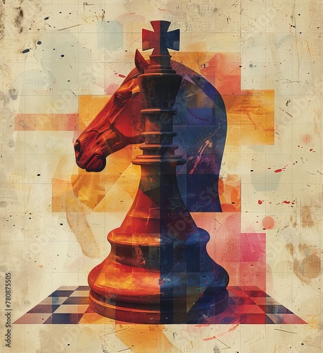 Silhouette of knight chess piece and head, in the style of stripes and shapes, hd mod, flat color blocks, realistic equine paintings, bold, black lines, ferrania p30, generated with AI photo