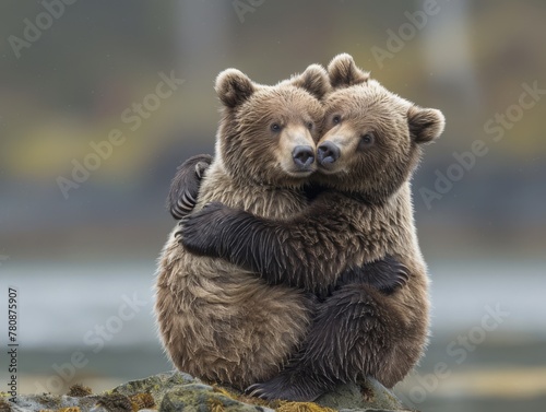 Two bears cuddling, canon eos 1d, 70mm lens,, generated with AI photo