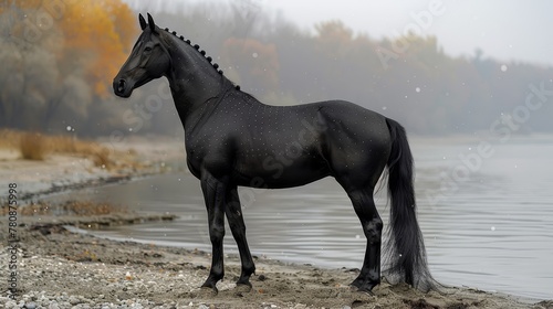   A black horse atop a beach  beside a body of water  with trees in the background