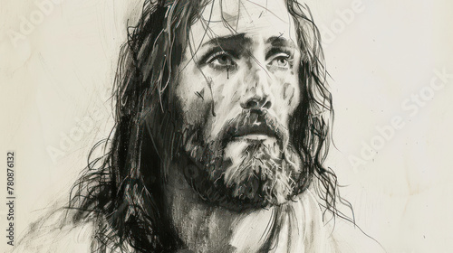 portrait of Jesus in the style of a charcoal drawing