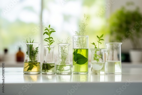 glass medical flasks with different medicinal plants on a white background, the concept of natural ingredients and extracts for the cosmetic and medical industry