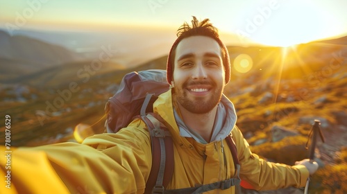 Smiling man taking a selfie on a mountain hike at sunrise. Capturing memories in nature. Joyful adventurer enjoying the outdoors. Perfect for travel and lifestyle blogs. AI