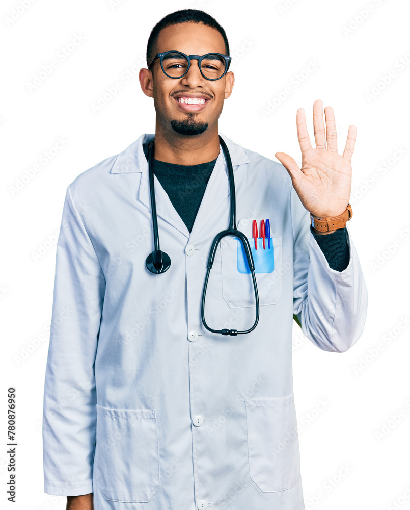 Young african american man wearing doctor uniform and stethoscope showing and pointing up with fingers number five while smiling confident and happy. Young african american man wearing doctor uniform and stethoscope showing and pointing up with fingers number five while smiling confident and happy.