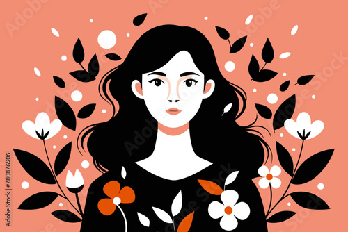 ector Illustration of a Young Woman Amidst a Flourish of Flowers