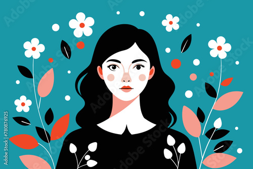 ector Illustration of a Young Woman Amidst a Flourish of Flowers