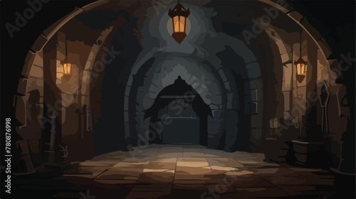Abandoned castle dungeon room with light on wall. D © Hyper